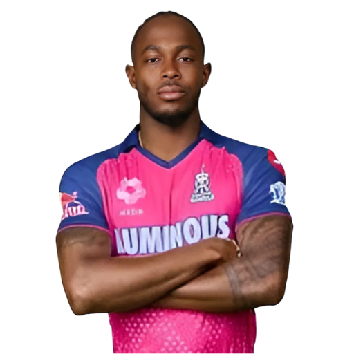 Jofra Archer posing in Rajasthan Royals jersey 2025