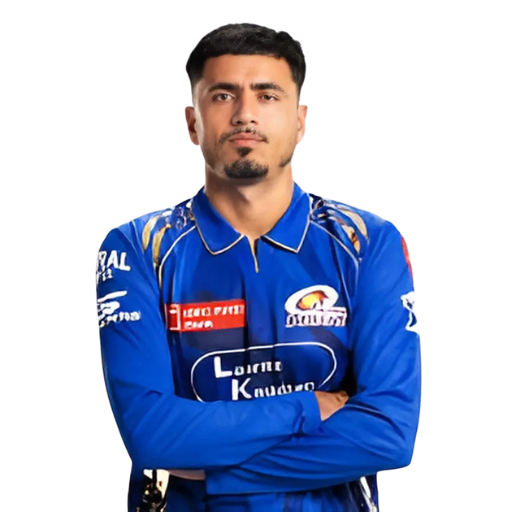 Mujeeb Ur Rahman posing in mumbai indians jersey