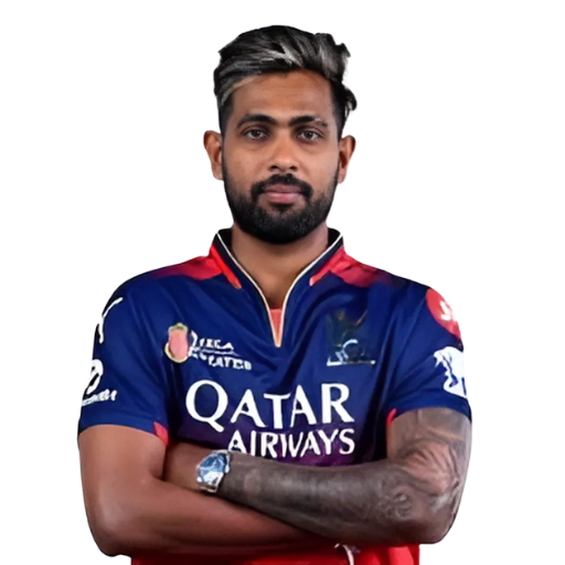 Nuwan Thushara posing in Royal Challengers Bengaluru jersey 2025