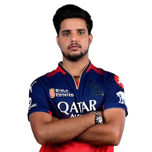 Rasikh Salam posing in Royal Challengers Bengaluru jersey 2025