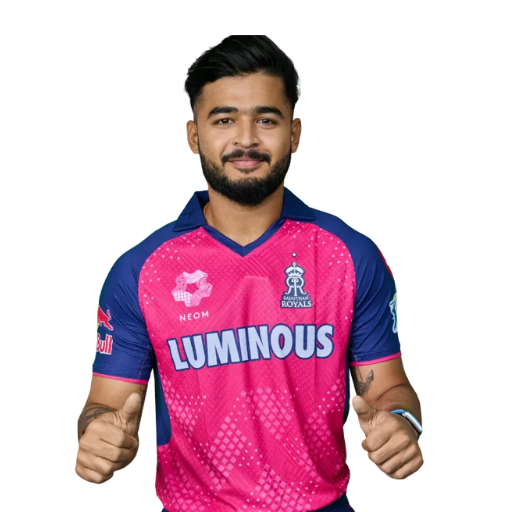Riyan Parag posing in Rajasthan Royals jersey 2025
