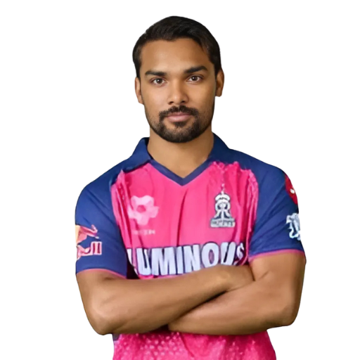 Sandeep Sharma posing in Rajasthan Royals jersey 2025
