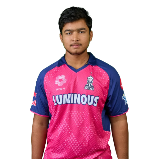 Vaibhav Suryavanshi posing in Rajasthan Royals jersey 2025
