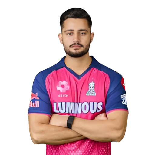 Yudhvir Singh posing in Rajasthan Royals jersey 2025